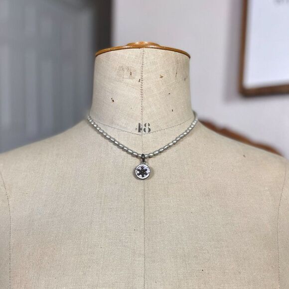 Vintage Sterling Silver Gray Potato Pearl 17" Necklace Faceted Star Abalone 925 - Picture 2 of 10